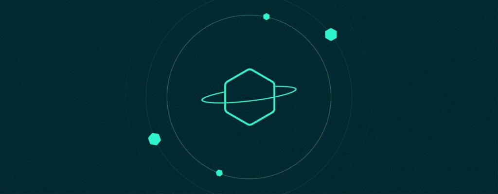 A teal hexagon with a Saturn-like ring at its center, surrounded by thin orbital lines and small hexagonal nodes on a dark teal background.