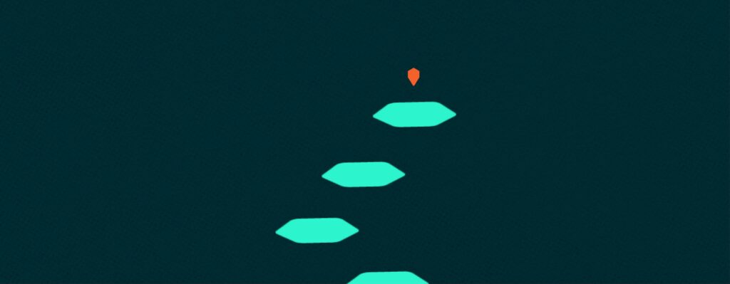 Four teal hexagonal platforms forming a path leading upward toward a small orange pointer icon on a dark background.