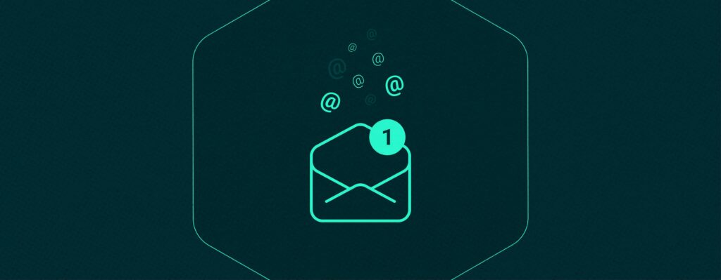 Minimalist illustration of an open envelope with a notification badge on a dark teal background.