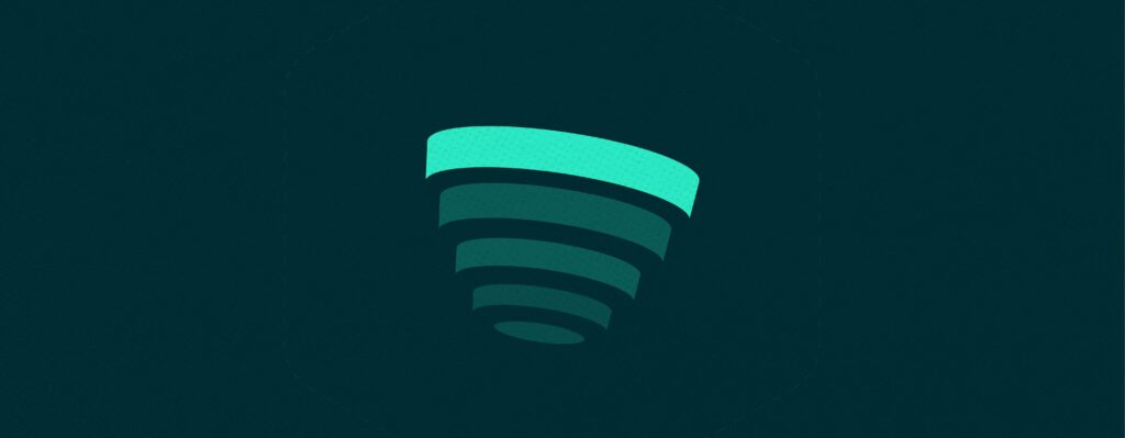 A stylized 3D marketing funnel composed of teal rings, with the top section highlighted in bright neon teal on a dark background.