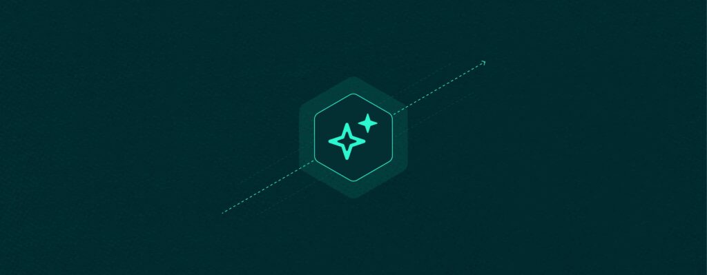 A teal hexagon icon featuring two sparkling stars, centered on a diagonal upward-pointing arrow against a dark textured background.