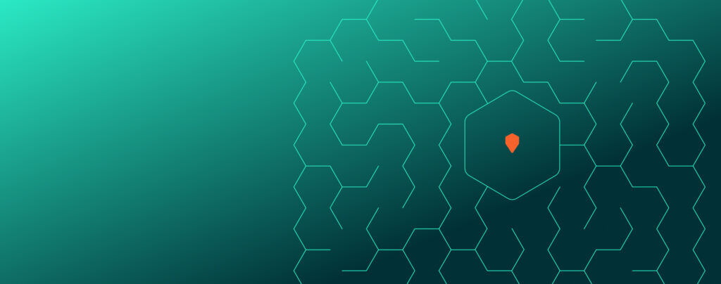 Abstract design with a gradient teal background, featuring a network of interconnected teal hexagons, with a small bright orange hexagon at the center.