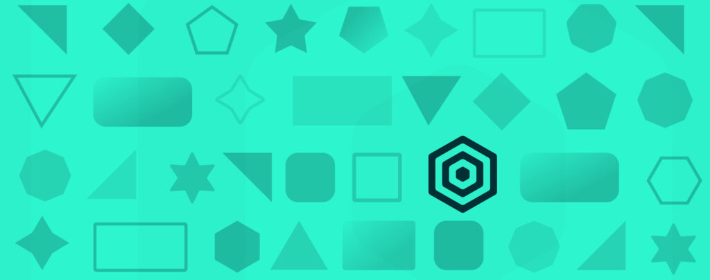 An abstract pattern featuring various dark geometric shapes on a dark teal background, with a single bright orange hexagon.