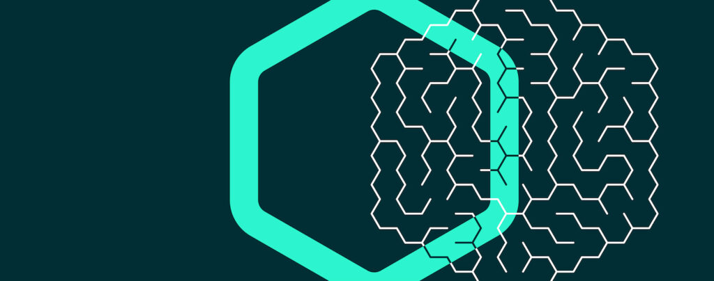 Abstract illustration with a large teal hexagon outline on the left, merging into a complex network of interconnected white hexagons on the right.