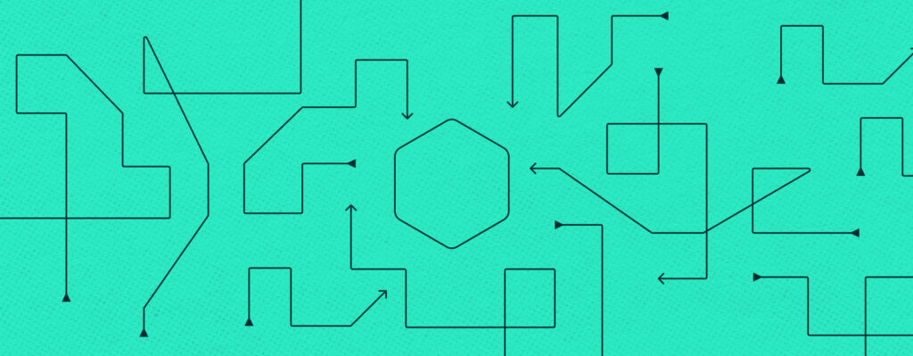 Abstract illustration of interconnected lines and arrows on a teal background, symbolizing complex pathways.