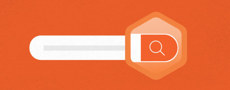 Illustration of a search bar with a magnifying glass icon on an orange background, representing SEO concepts.