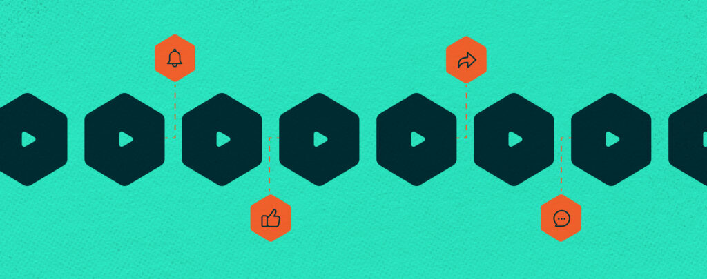 Illustration of a series of video play icons connected to various engagement symbols on a teal background, representing video interaction and engagement.