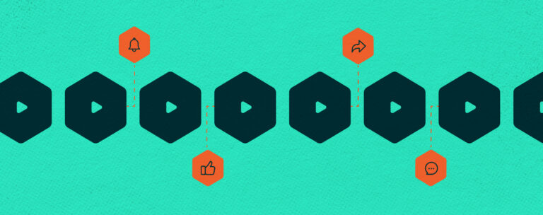 Illustration of a series of video play icons connected to various engagement symbols on a teal background, representing video interaction and engagement.