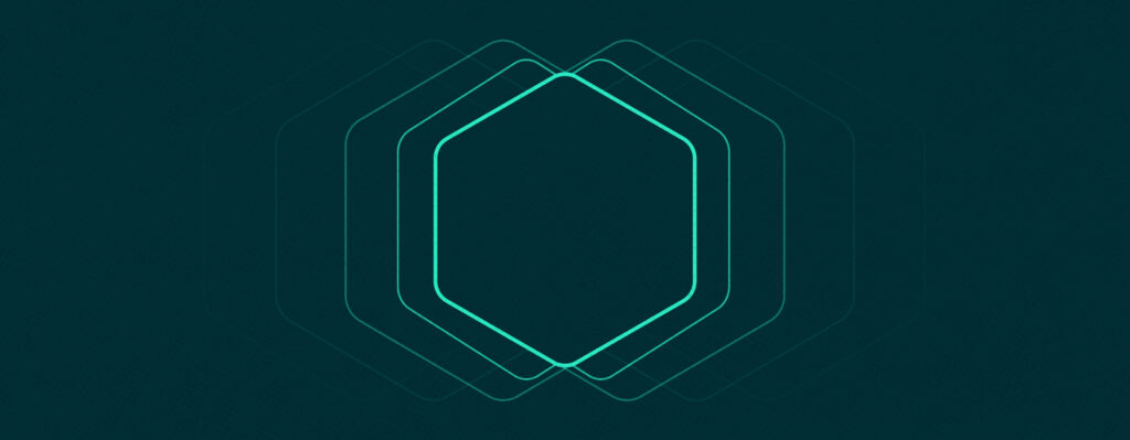 Abstract teal background featuring a geometric pattern of overlapping hexagonal outlines in gradient shades of light teal, creating a sense of depth and motion.