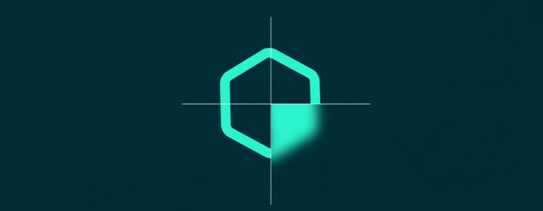 A digital illustration featuring a stylized, neon-green hexagonal shape with rounded edges on a dark teal background. A glowing gradient effect fills the lower right portion of the hexagon, and thin white crosshairs intersect at the center.