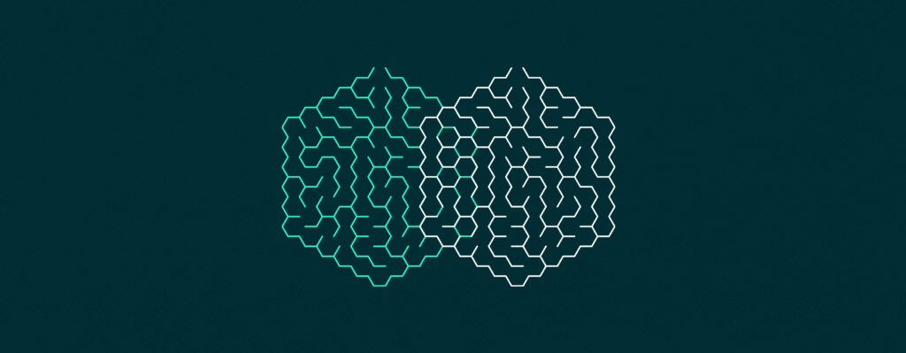 A digital illustration featuring two interlocking hexagonal patterns composed of maze-like lines on a dark teal background. The left hexagon is outlined in a vibrant teal color, while the right hexagon is outlined in white, creating a contrasting and symmetrical design.