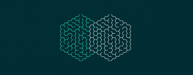 A digital illustration featuring two interlocking hexagonal patterns composed of maze-like lines on a dark teal background. The left hexagon is outlined in a vibrant teal color, while the right hexagon is outlined in white, creating a contrasting and symmetrical design.