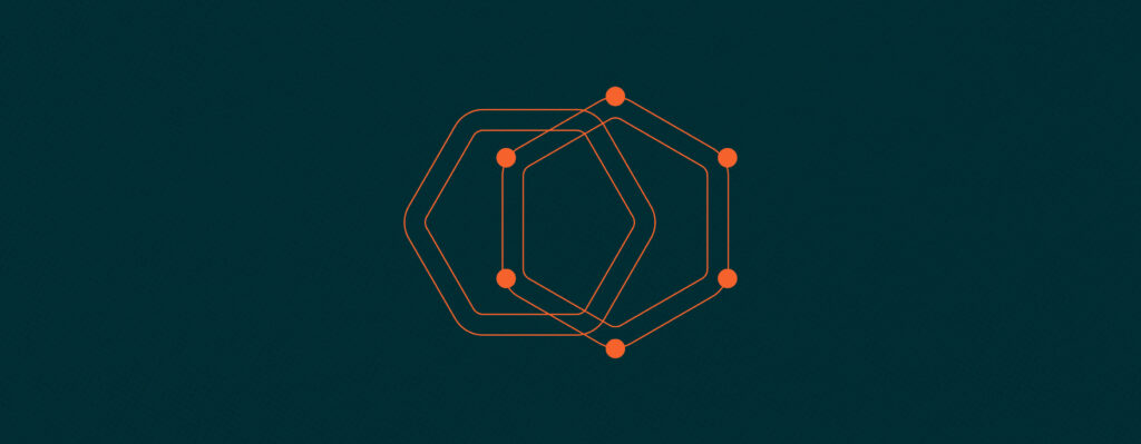 A digital illustration featuring two overlapping hexagonal outlines in bright orange on a dark teal background. Thin lines connect six circular nodes placed around the hexagons, creating a geometric, network-like design.