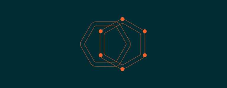 A digital illustration featuring two overlapping hexagonal outlines in bright orange on a dark teal background. Thin lines connect six circular nodes placed around the hexagons, creating a geometric, network-like design.