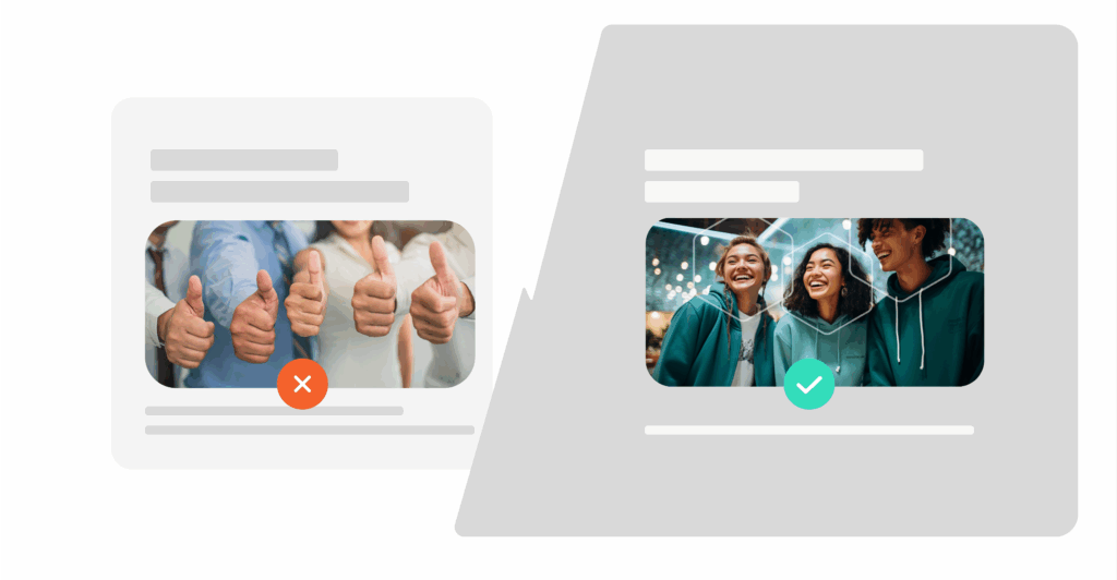 Comparison of a generic stock photo of thumbs-up hands and a more authentic photo of smiling friends.
