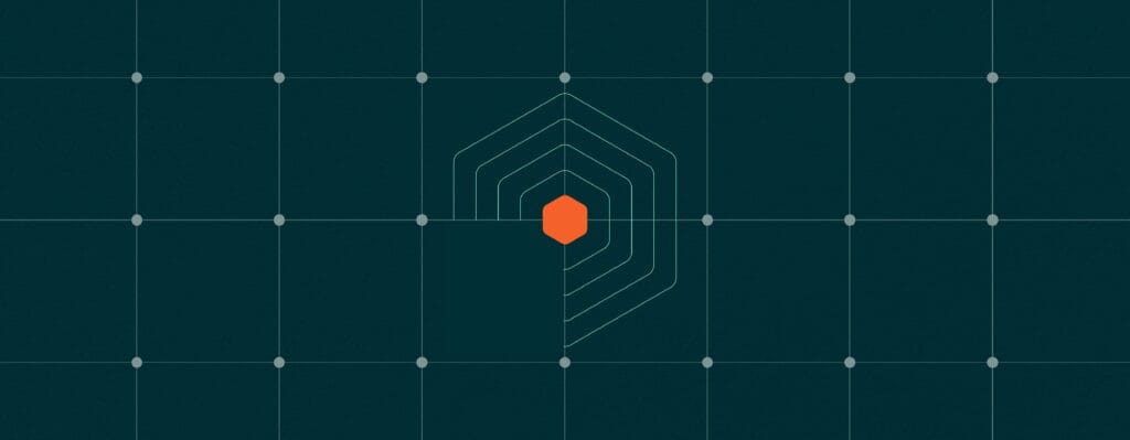 Abstract geometric design with a dark teal grid background and a bright orange hexagon at the center, surrounded by layered outlines forming a radar-like shape that suggests focus, precision, or strategic targeting.