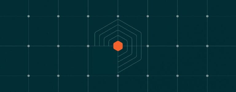 Abstract geometric design with a dark teal grid background and a bright orange hexagon at the center, surrounded by layered outlines forming a radar-like shape that suggests focus, precision, or strategic targeting.
