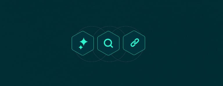 Three glowing teal hexagons on a dark blue background, each containing an icon—representing SEO, AEO, and GEO.